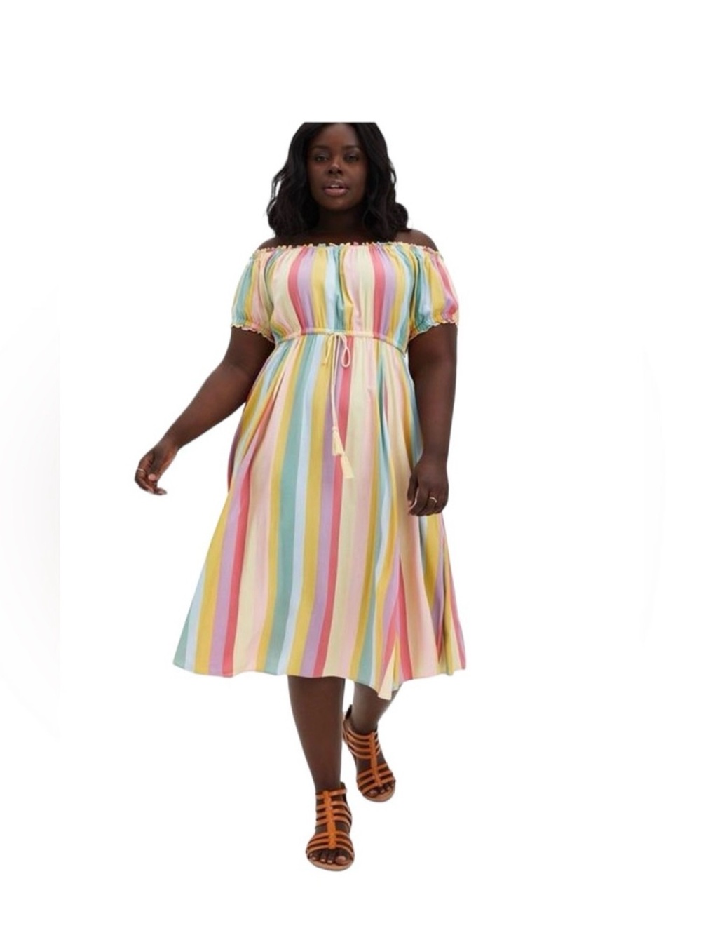 ☀️ Vibrant Summer Boho Style! Torrid Midi Challis Off-Shoulder Striped Dress 🌴